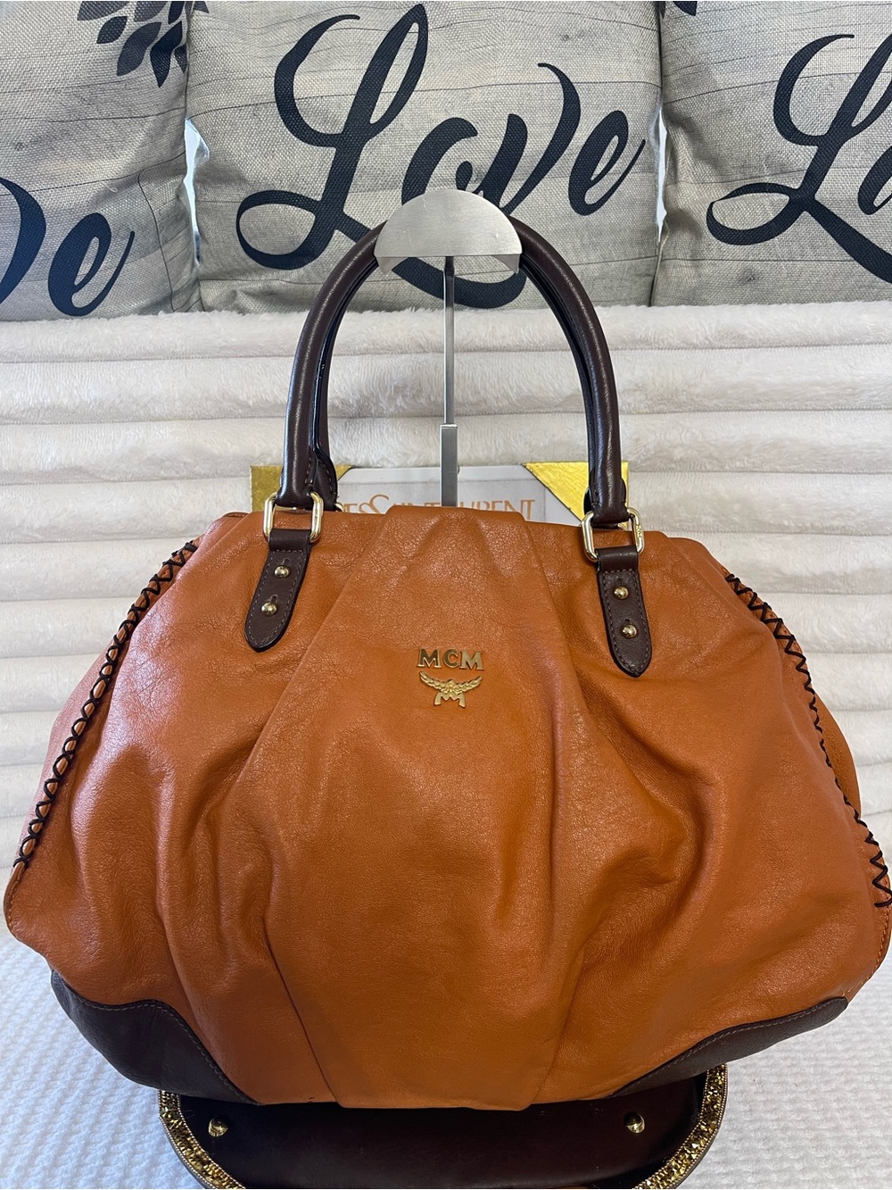 MCM Saddle/Dark Brown Leather Tote Bag w/ Gold Hardware
